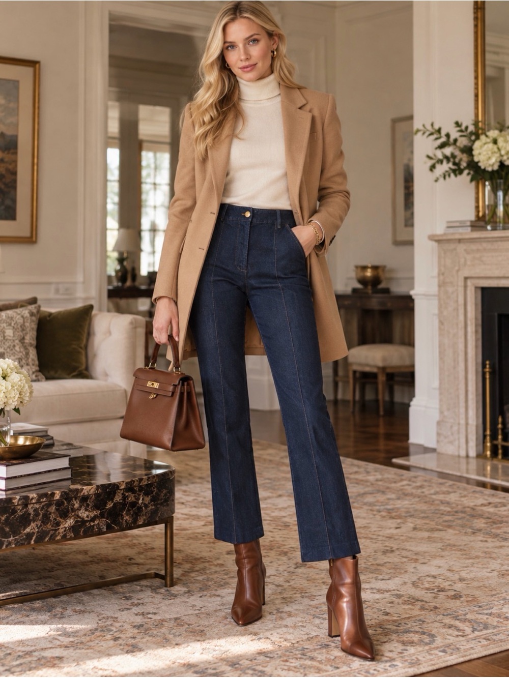 Veronica Beard Size 6 Dark Indigo Denim Trousers High Rise Front Seam Flare